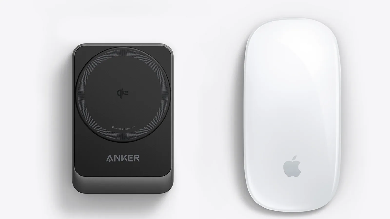 Anker MagGo Foldable 3-in-1 folded flat next to an Apple Magic Mouse for size