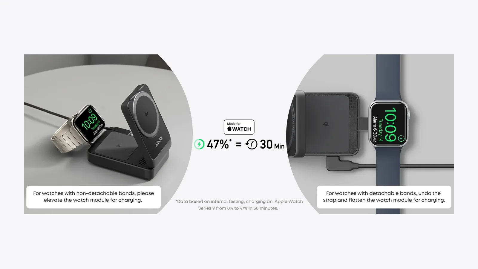 Anker MagGo Foldable 3-in-1 watch module raised for fixed bands and flat for detachable bands