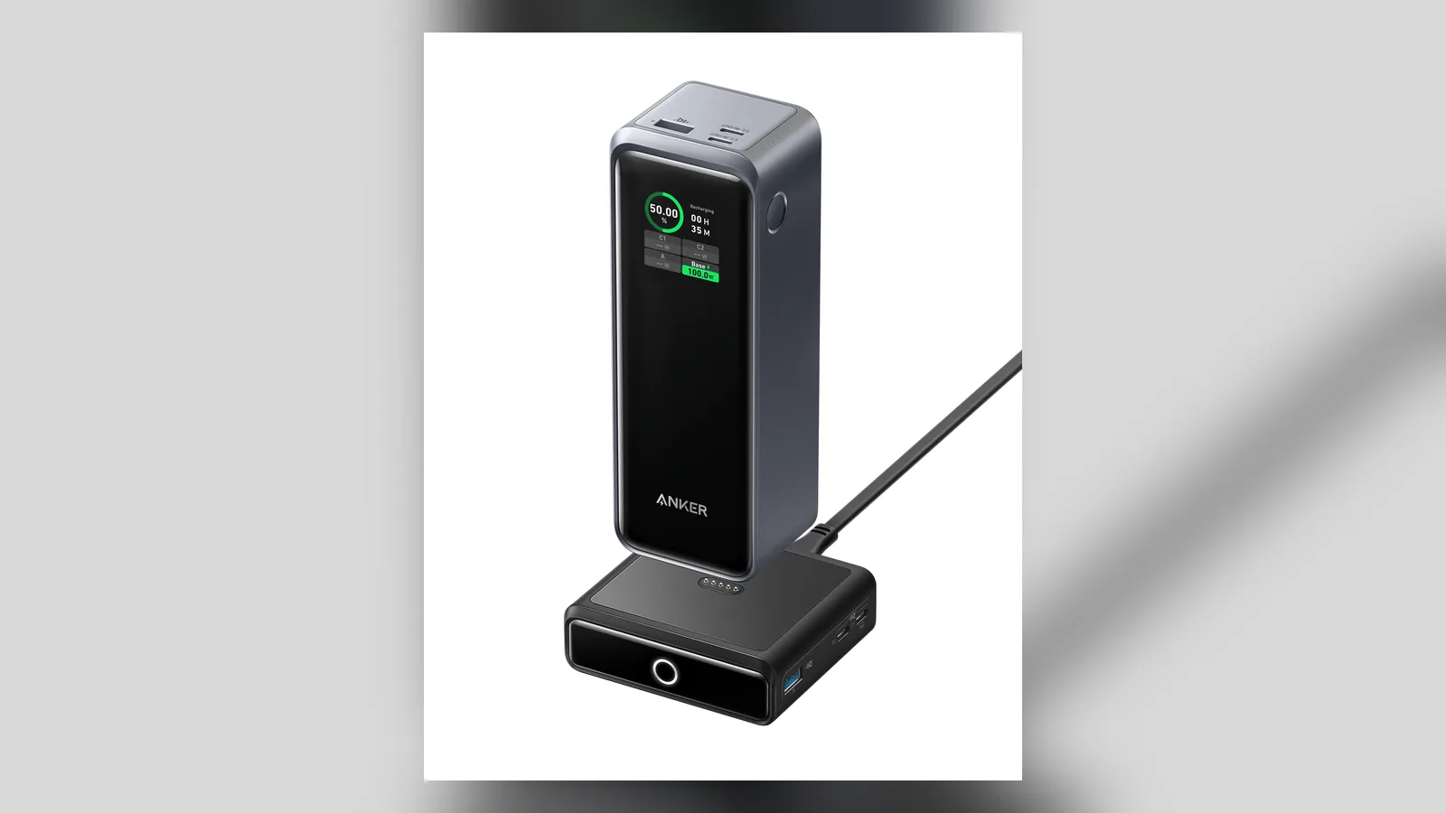 Anker Prime 250W power bank standing on its pogo pin charging base