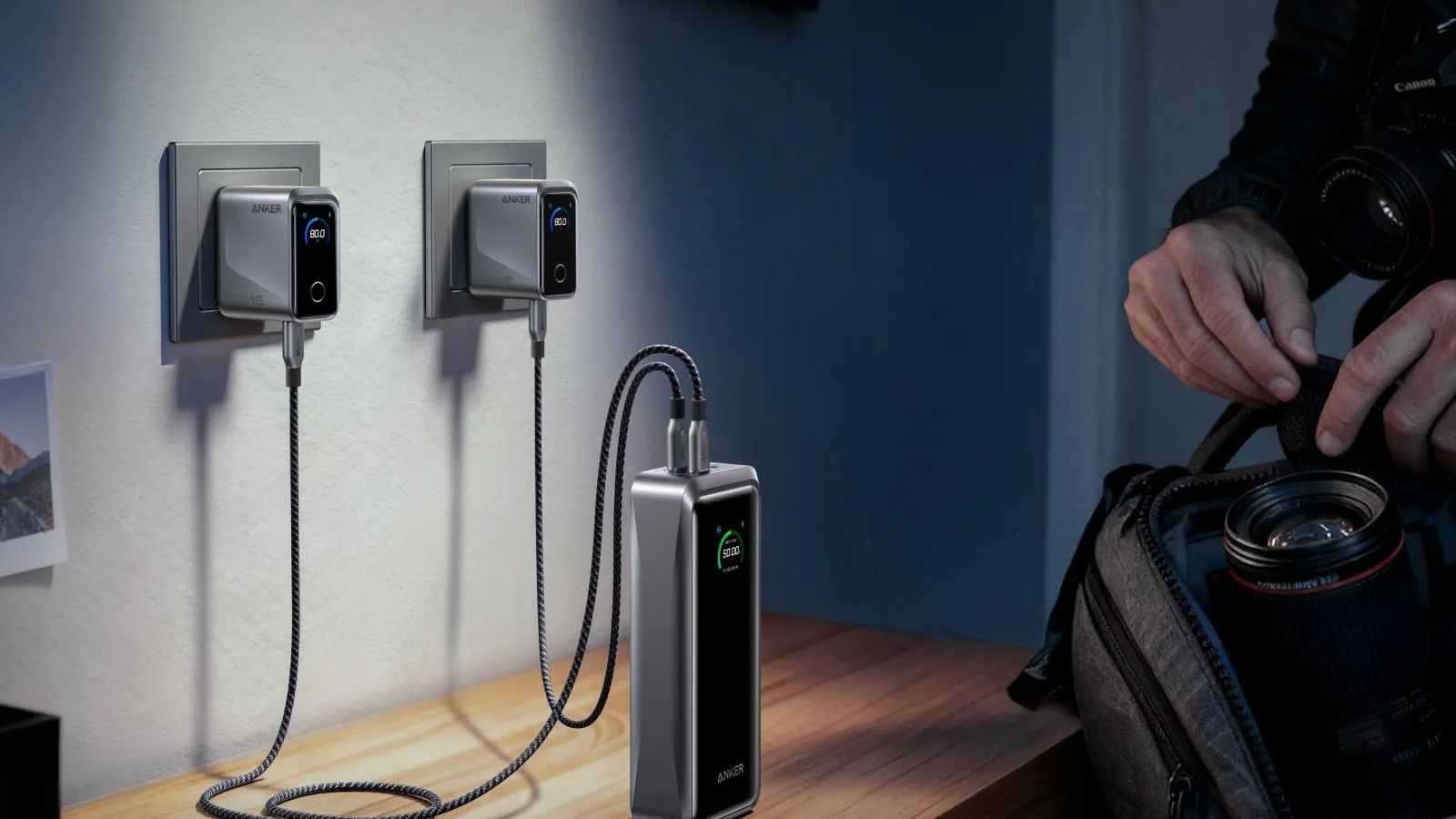 Anker Prime 300W power bank recharging through two USB-C cables at 250W