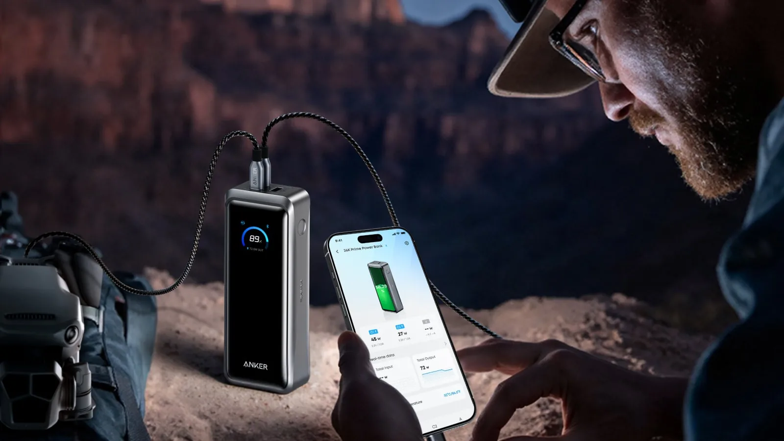 Anker Prime 300W power bank in an airplane window seat