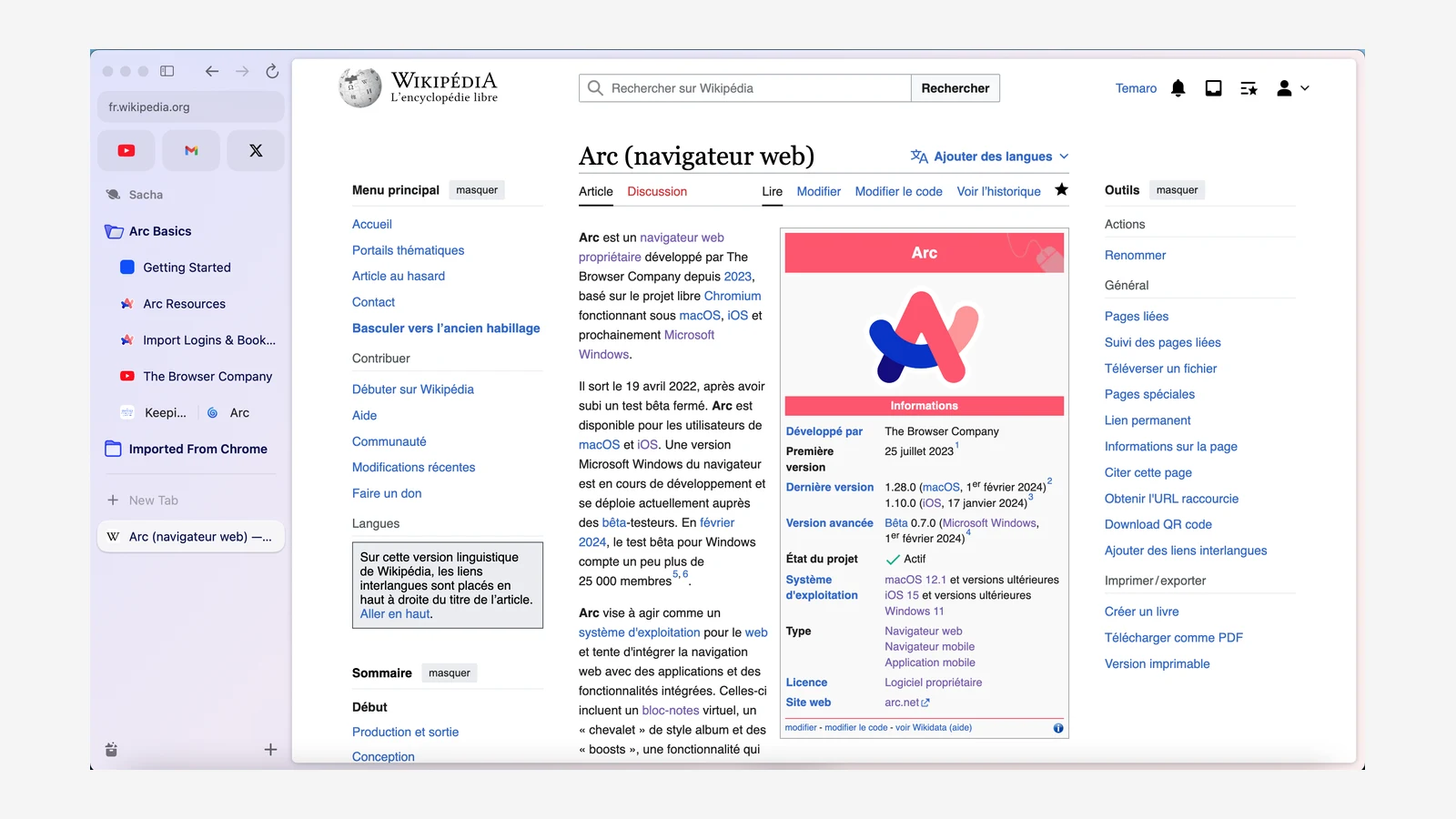 Arc browser on Mac with the vertical sidebar showing pinned favorites, folders, and open tabs next to a Wikipedia page