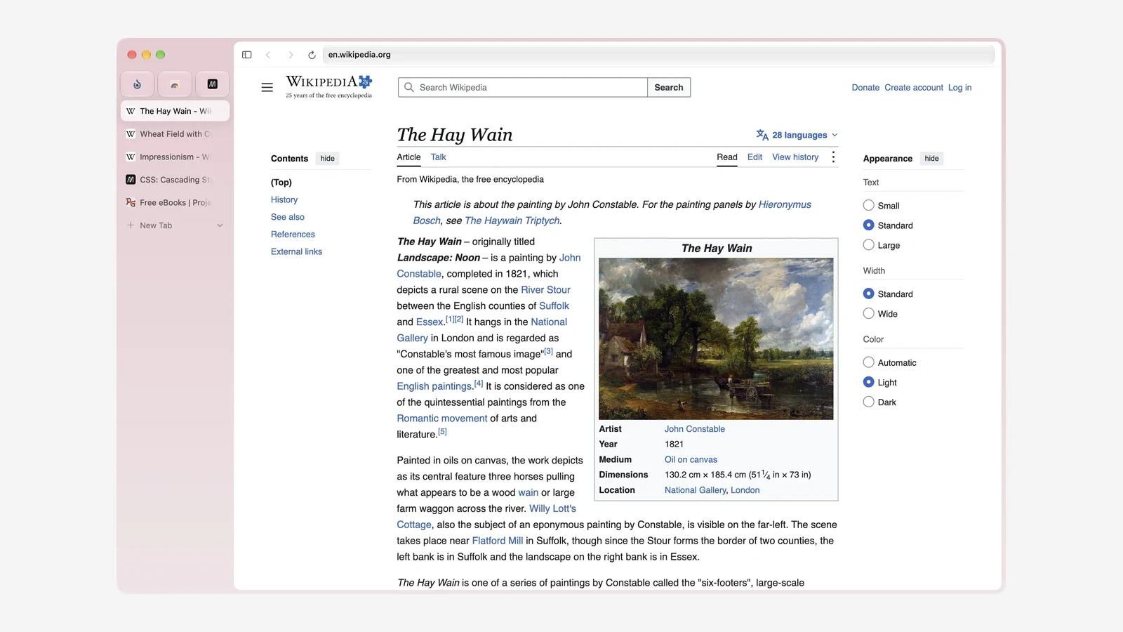 Ardia browser window with a translucent vertical sidebar of pinned favorites and tabs next to a Wikipedia page