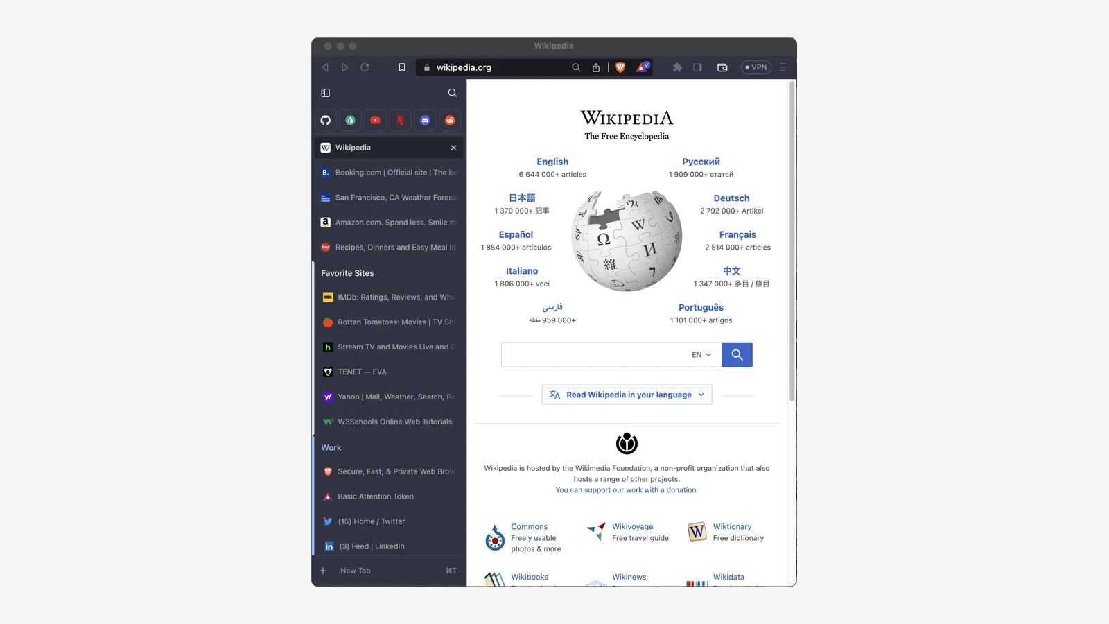 Brave browser with vertical tabs expanded in a left sidebar, pinned sites at the top, and tab groups below