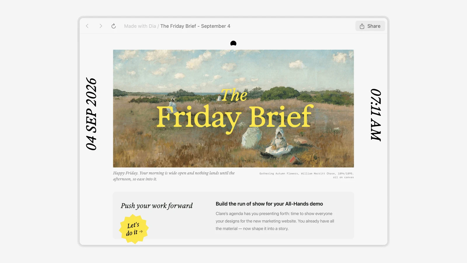 Dia browser window showing a Morning Brief page, with the sidebar collapsed