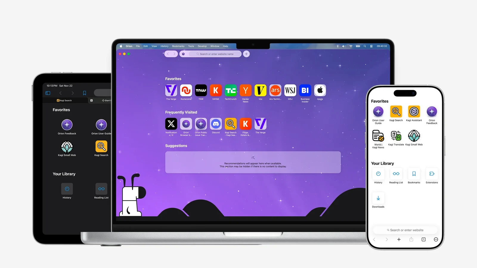 Orion browser on a MacBook, iPad, and iPhone showing the favorites start page