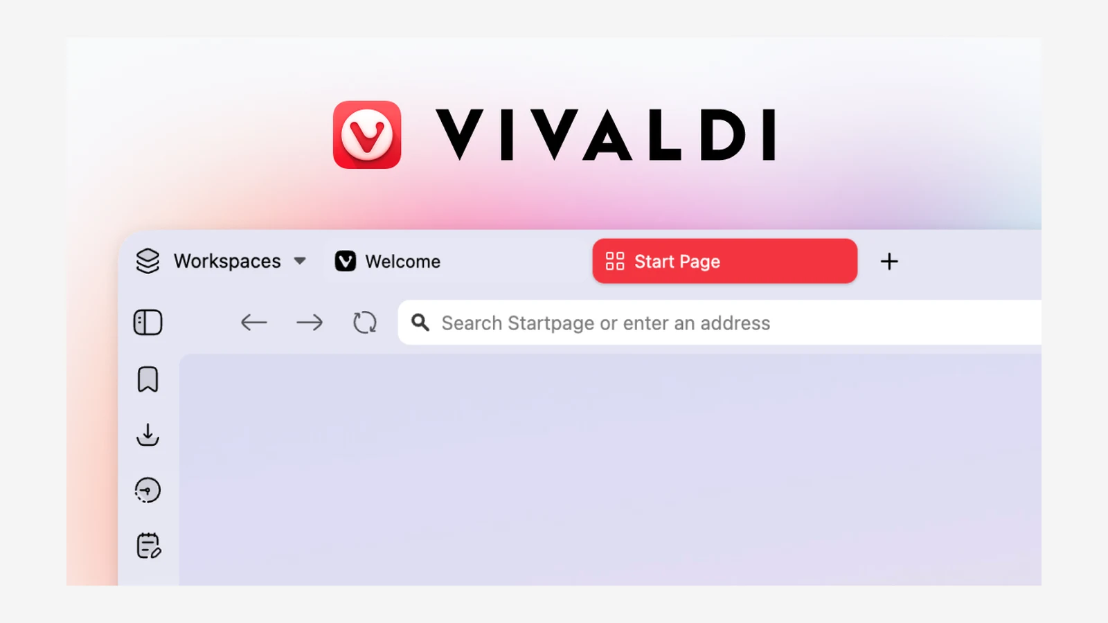 Vivaldi browser window with the Workspaces menu, tabs, and the side panel of bookmarks, downloads, and history