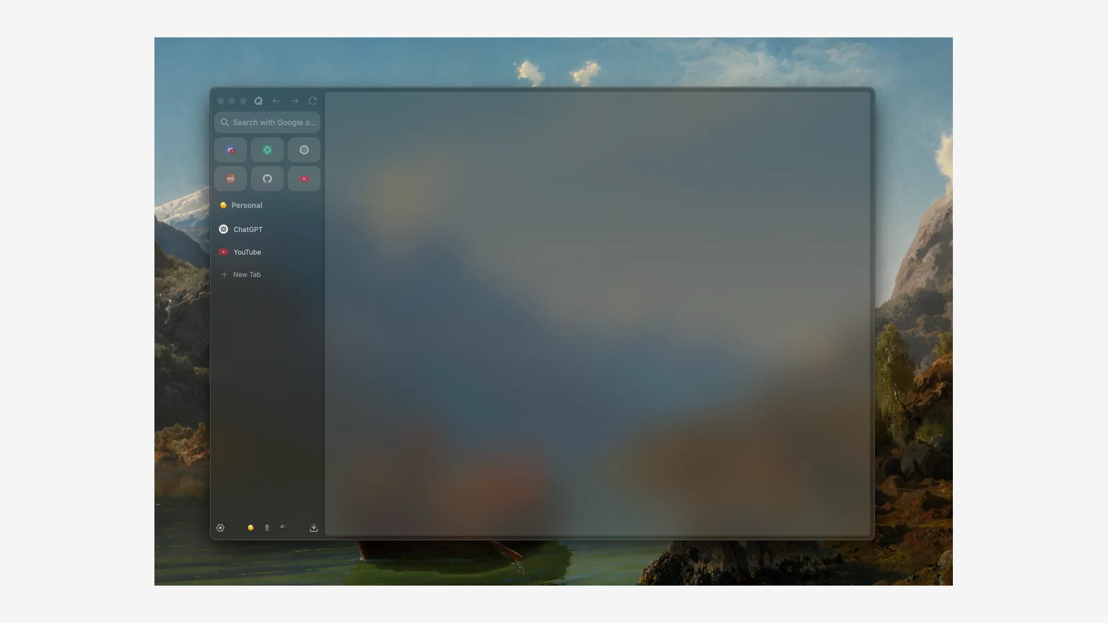Zen Browser window with a vertical sidebar showing pinned Essentials, a Personal workspace, and tabs