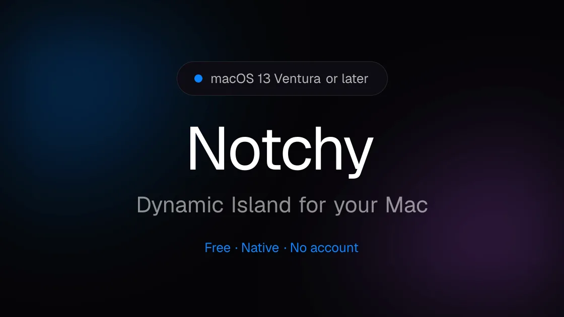 Notchy Dynamic Island showing now playing in a floating pill at the top of a Mac screen