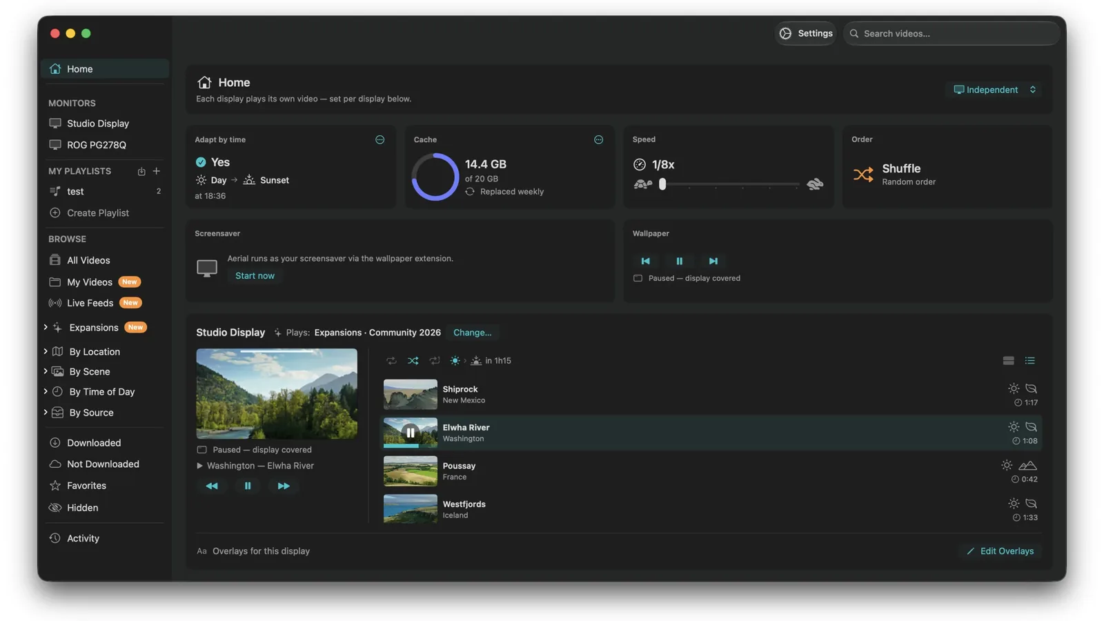 Aerial home dashboard with a card per display and wallpaper controls
