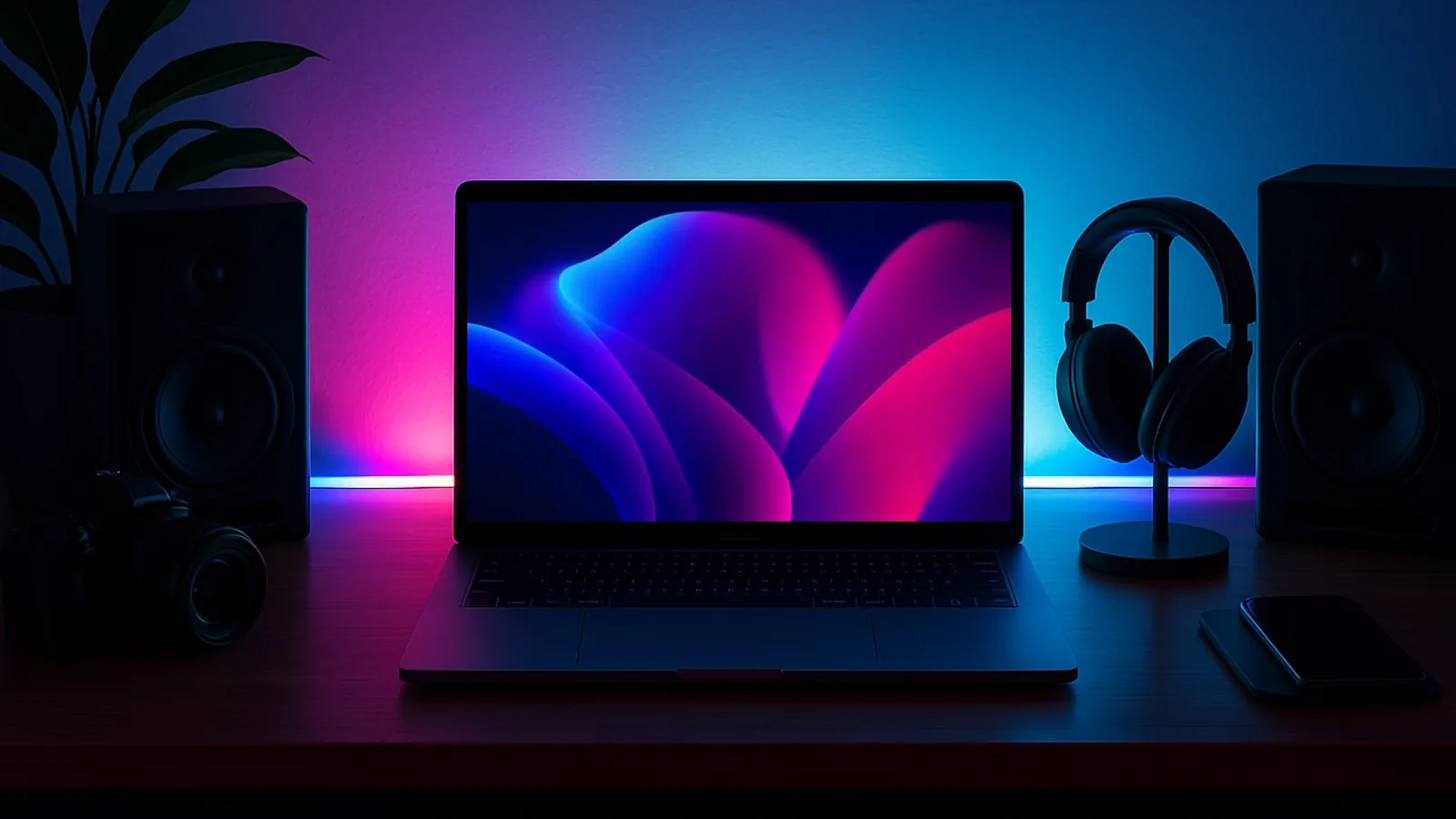 MacBook on a desk showing a colorful animated Backdrop wallpaper between two speakers