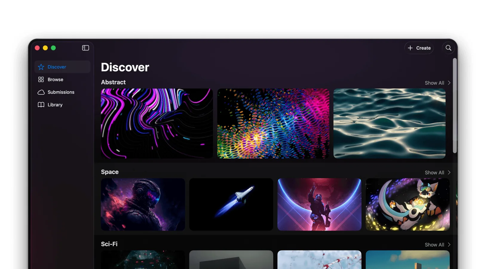 Backdrop Discover screen with abstract, space, and sci-fi wallpaper categories