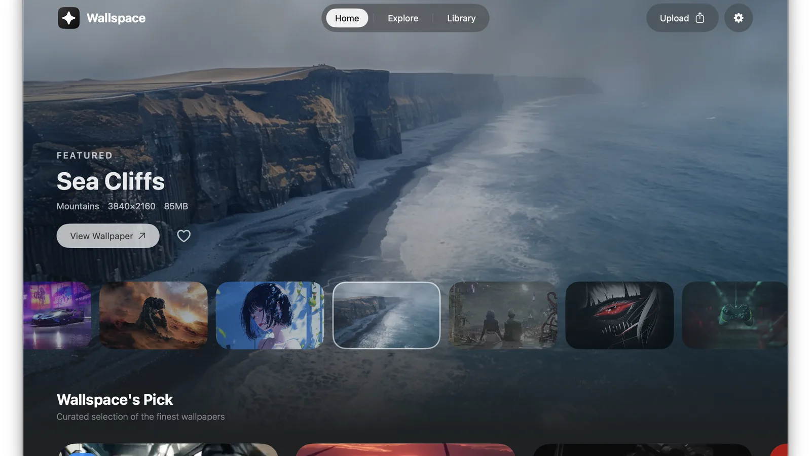 Wallspace home screen featuring a Sea Cliffs 4K wallpaper and a row of picks