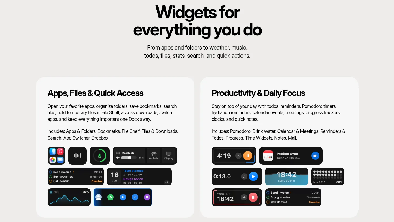 Cooldock widget categories for apps, files, quick access, productivity, and daily focus