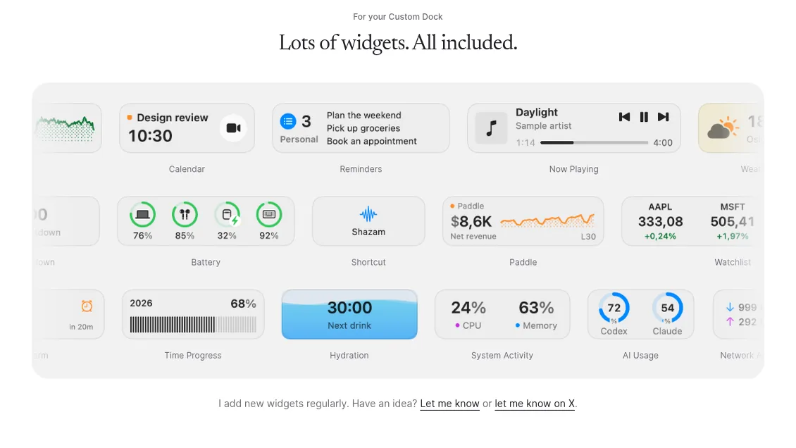 Dockset widget library with calendar, reminders, now playing, battery, system activity, and AI usage widgets