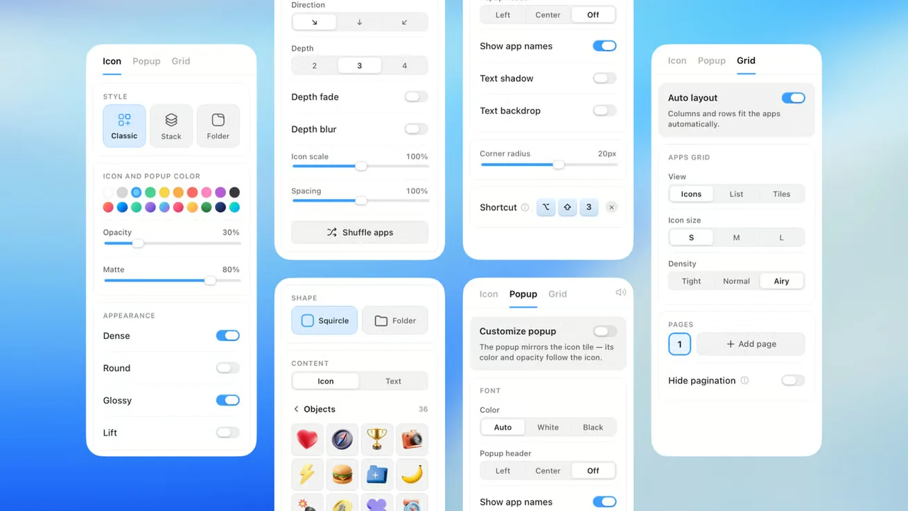 TinyFolder Design Studio editor with icon, popup, and grid style settings