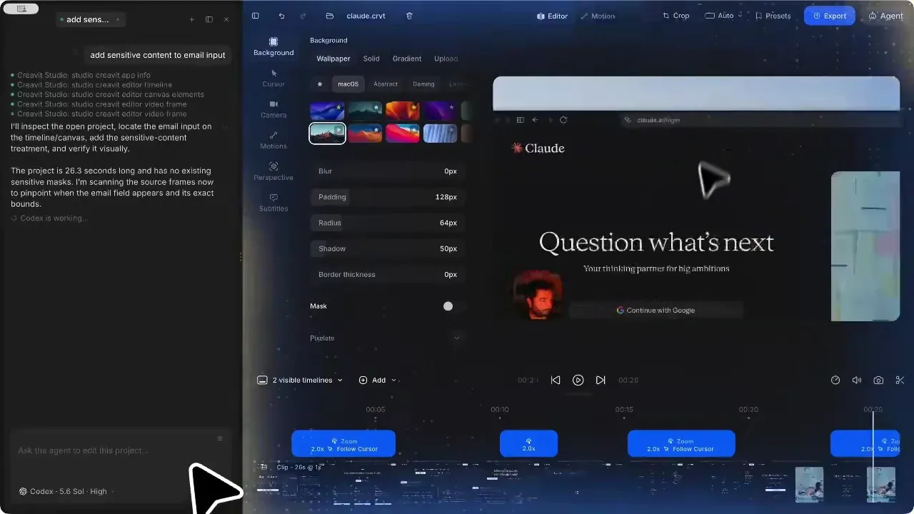 Creavit Studio editor with the Agent panel running Codex to mask sensitive content in a recording