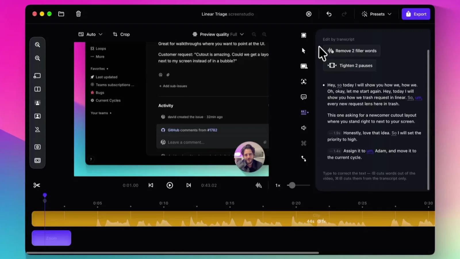 Screen Studio editor with the Edit by transcript panel offering to remove filler words and tighten pauses