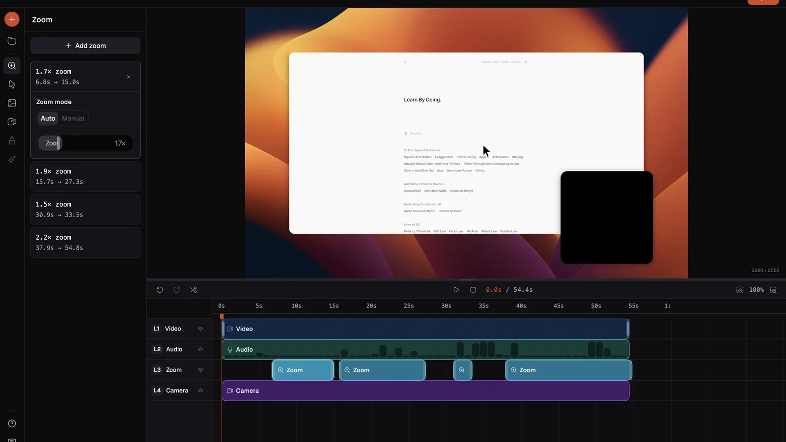 Screenforge timeline editor with automatic zoom clips on their own Zoom track