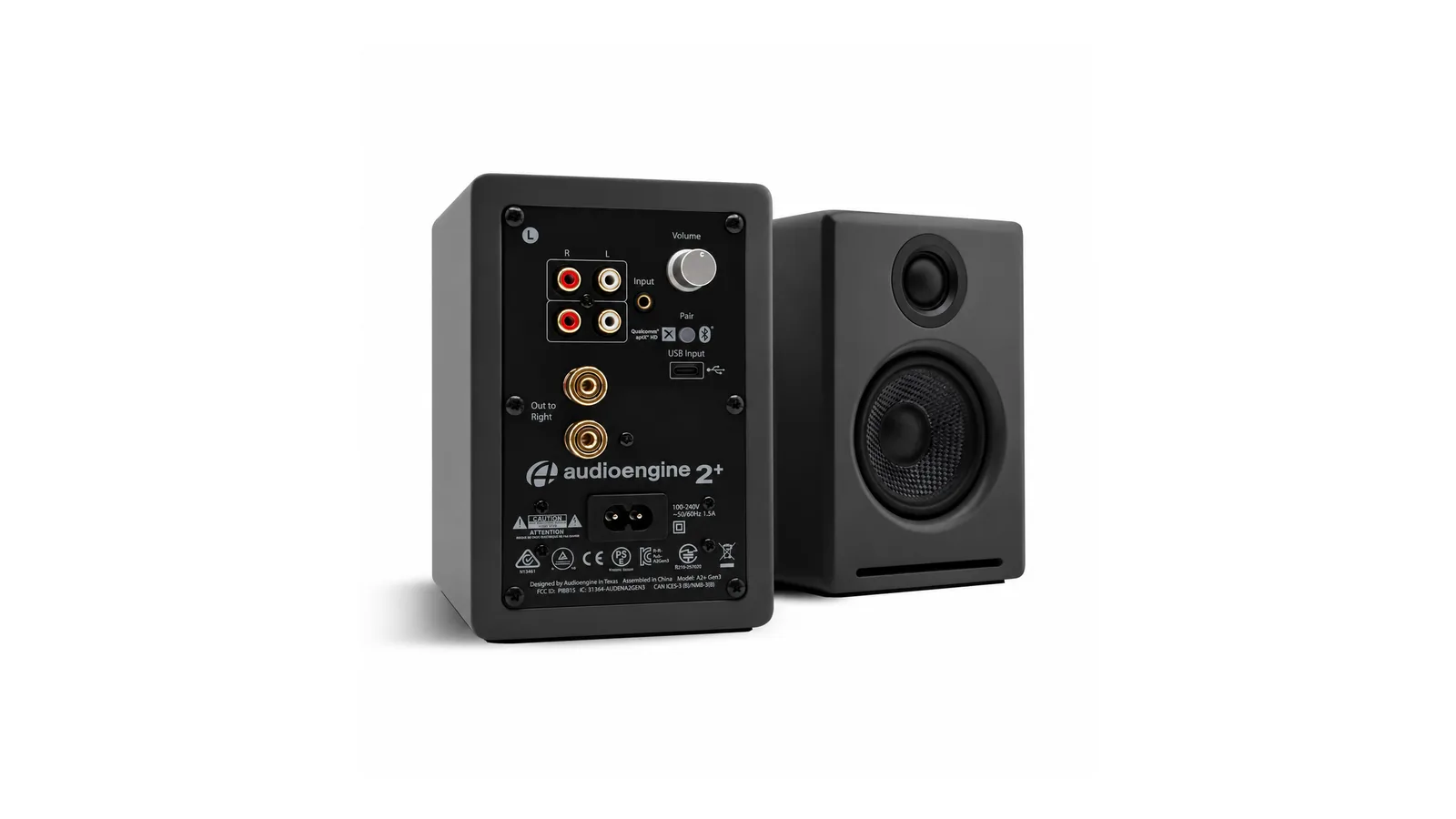 Rear panel of the Audioengine A2+ Gen 3 showing USB-C, RCA, 3.5mm, and subwoofer connections