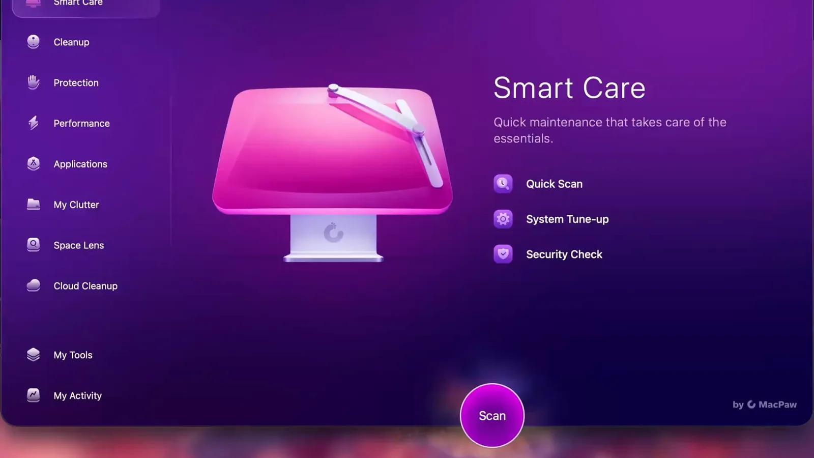 CleanMyMac Smart Care screen with cleanup, protection, and performance tiles