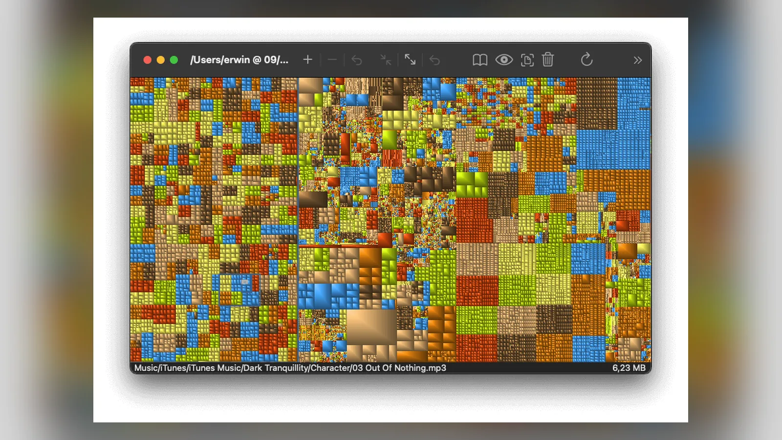 GrandPerspective treemap of a Mac disk with files shown as colored rectangles