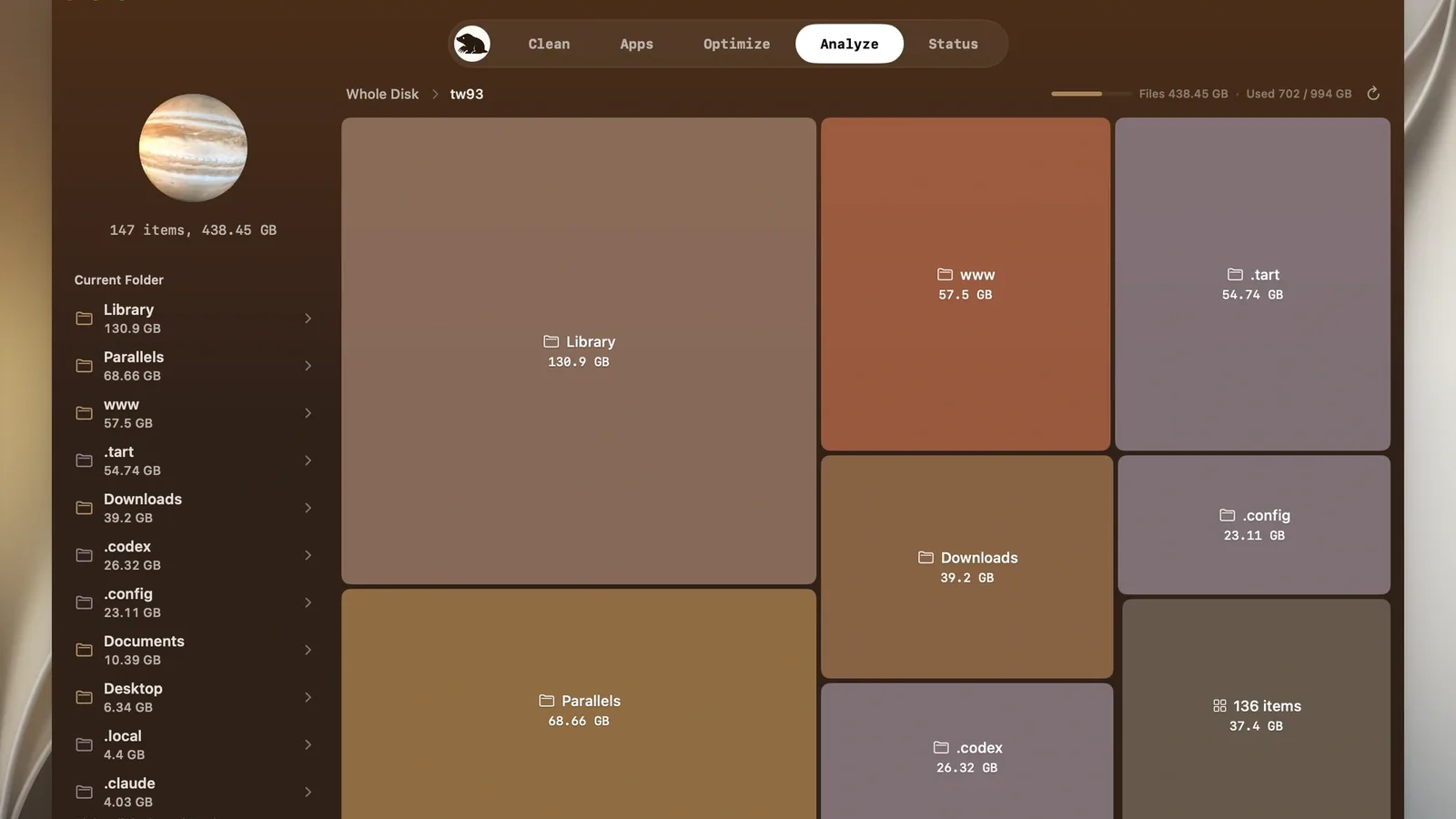 Mole app disk map showing folders as colored blocks sized by space used