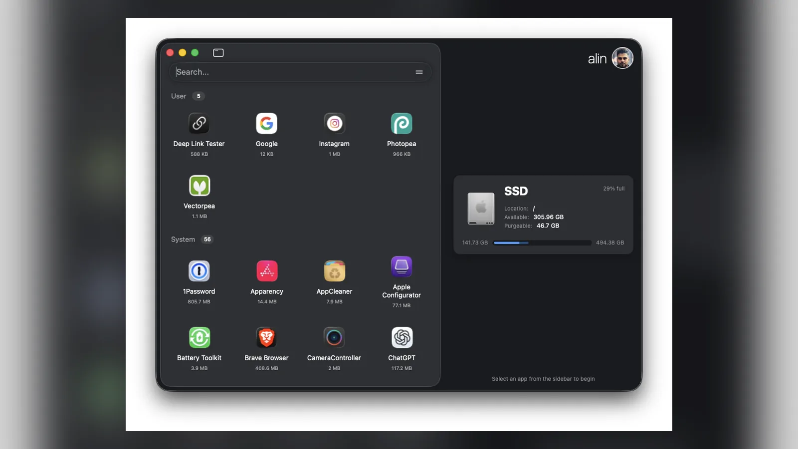 Pearcleaner app list showing installed apps and their sizes