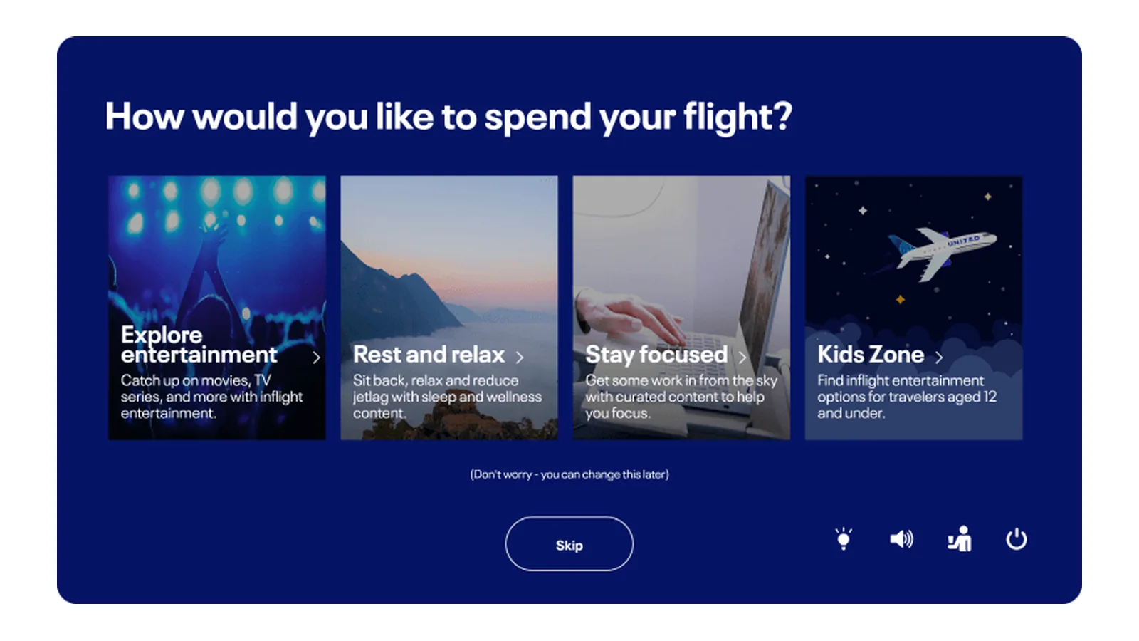 United seatback entertainment screen with movie and TV categories