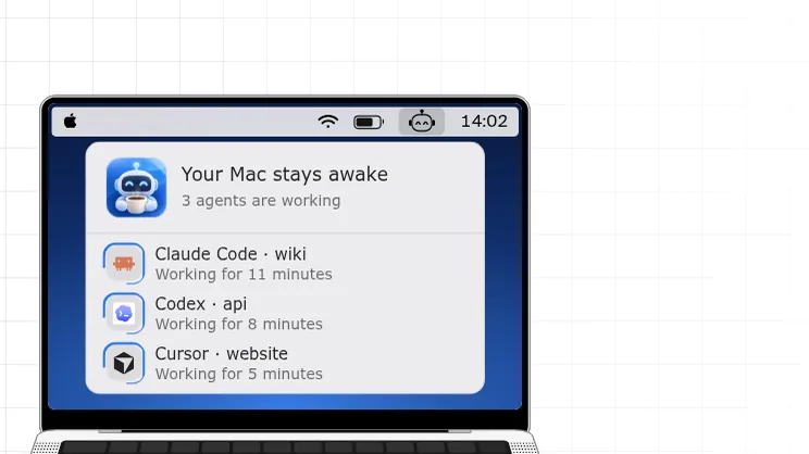 Agent Caffeine menu on a MacBook showing Claude Code, Codex, and Cursor sessions working and the Mac staying awake