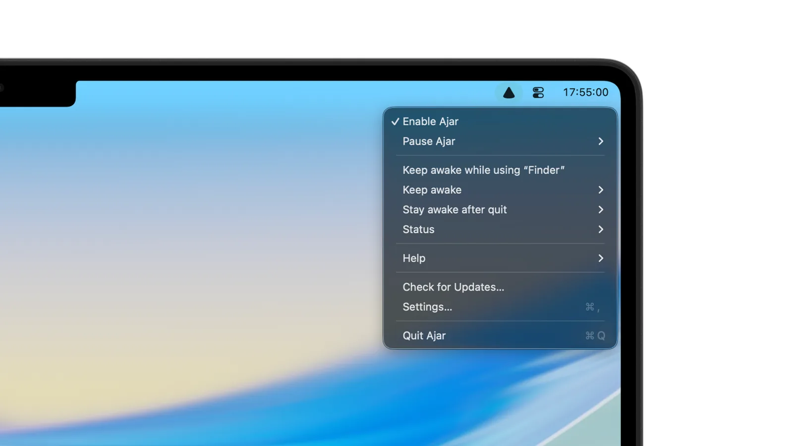 Ajar menu bar menu on a MacBook with Keep Awake options and status