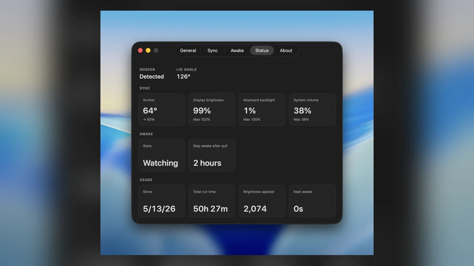 Ajar status window showing lid angle, synced outputs, awake state, and usage totals