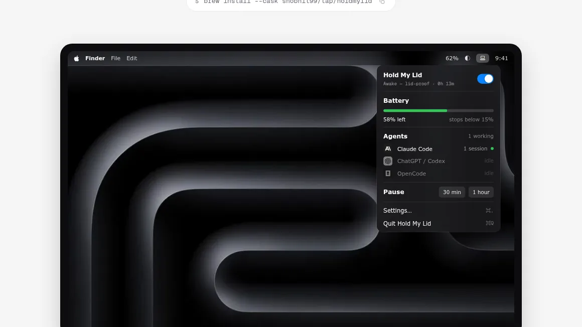 Hold My Lid menu bar dropdown showing battery level, a working Claude Code session, and pause options