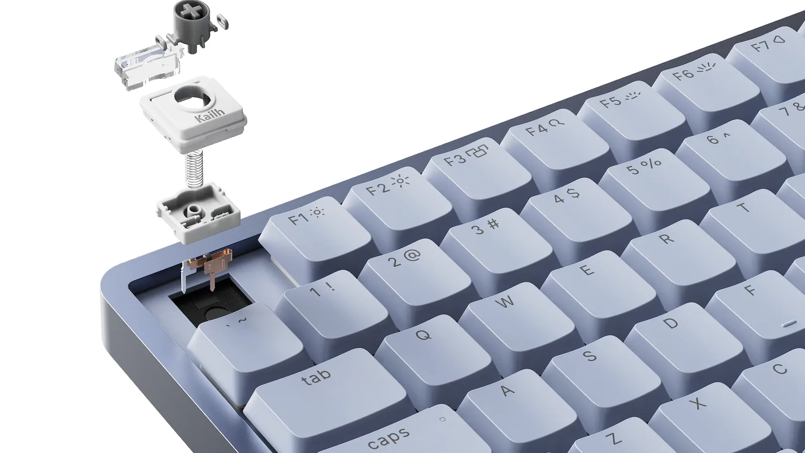 Close-up of a Lofree Flow 2 with one keycap and a Cloud Surfer switch lifted out of the board