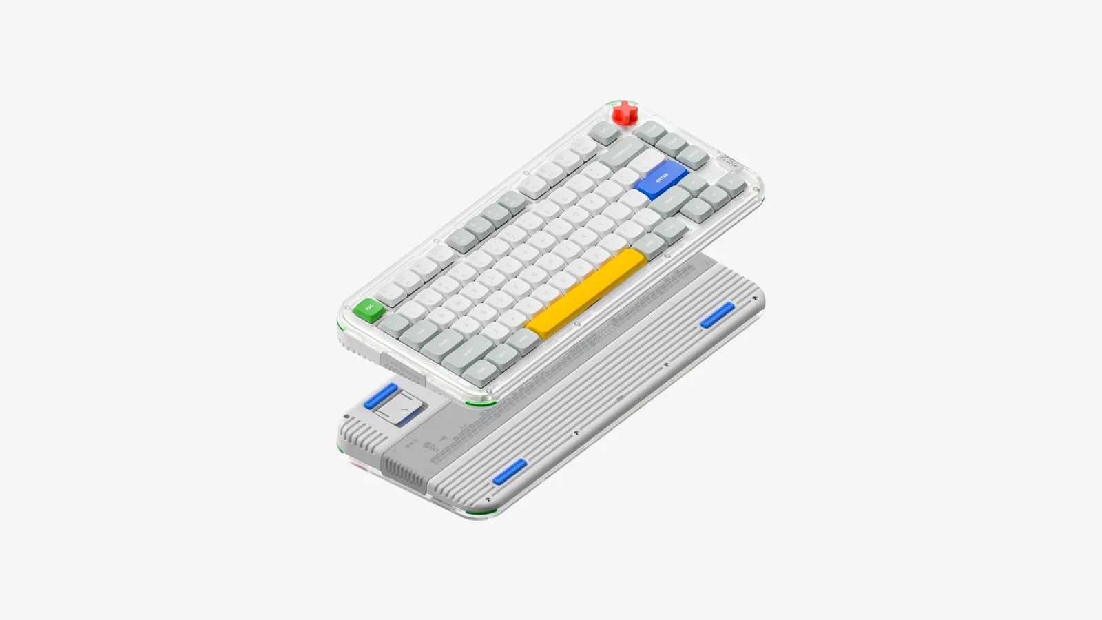 Exploded view of the NuPhy Kick75 showing its transparent case and swappable switch plates