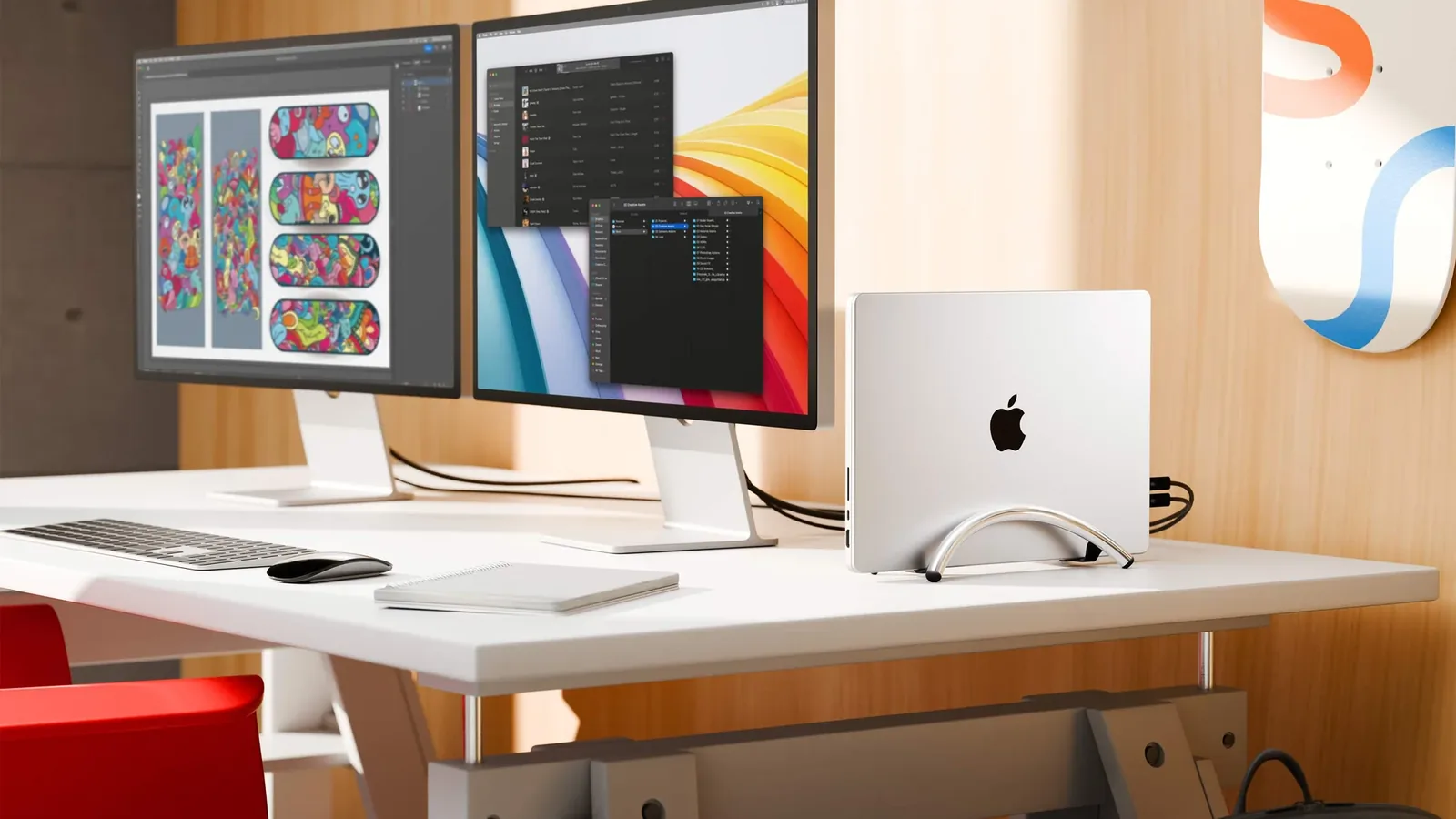 Closed MacBook Pro standing in a BookArc Flex next to two external displays on a white desk