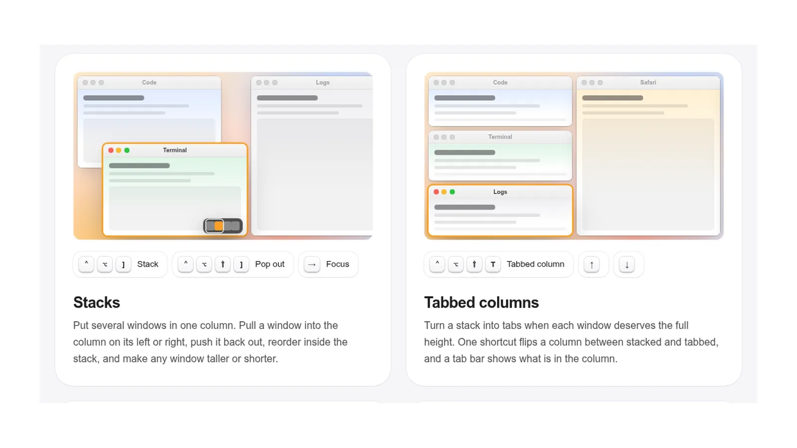 ChainYourMac stacks and tabbed columns shown side by side