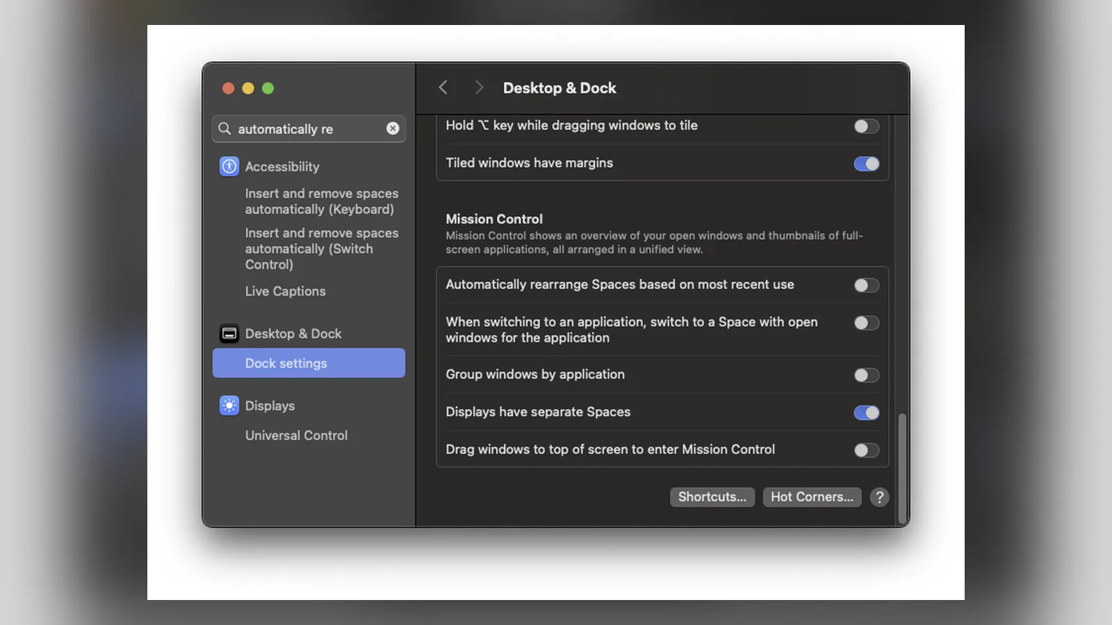 macOS Desktop and Dock settings with Displays have separate Spaces turned on