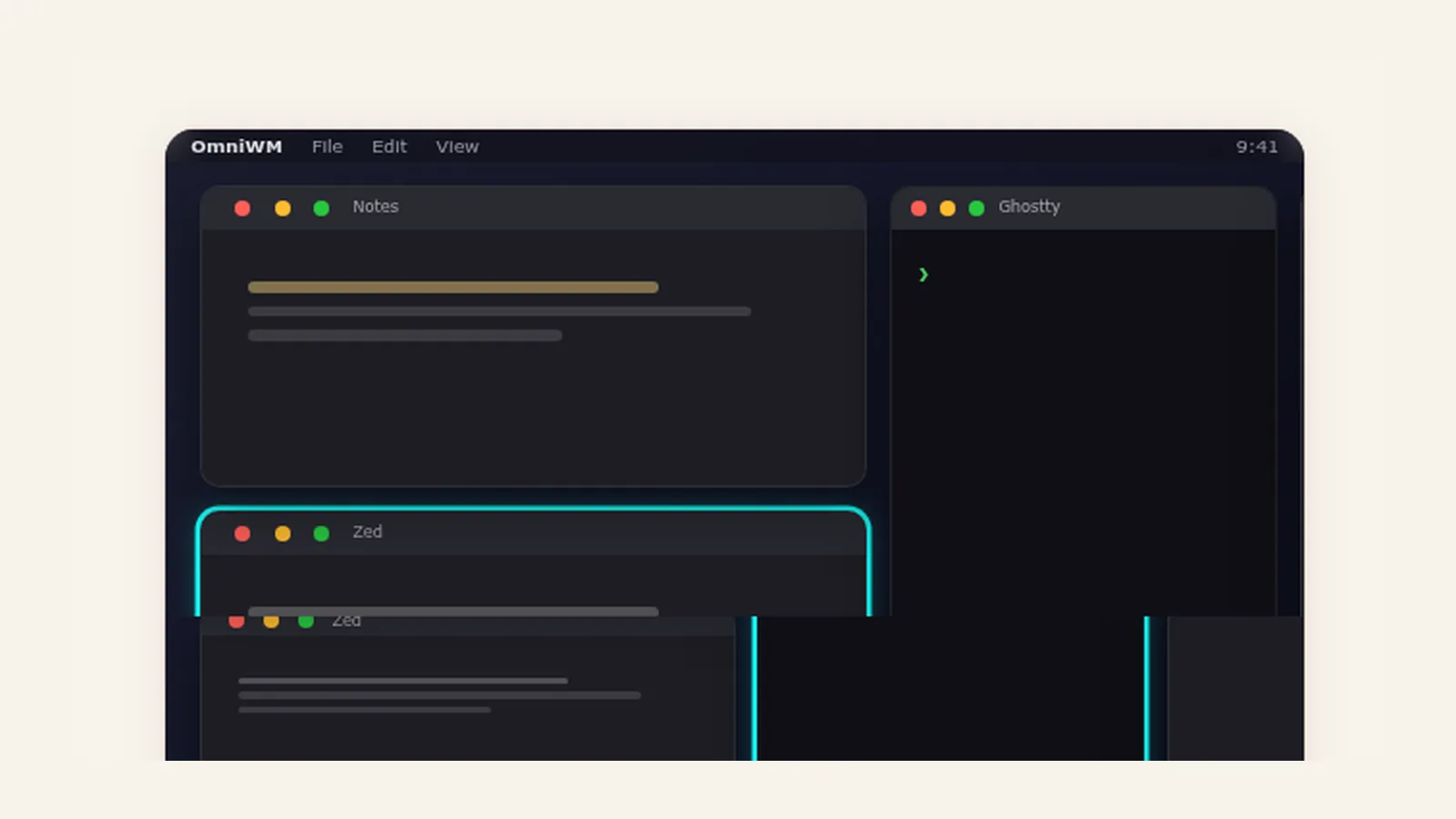 OmniWM niri layout with scrolling columns and a highlighted focused window