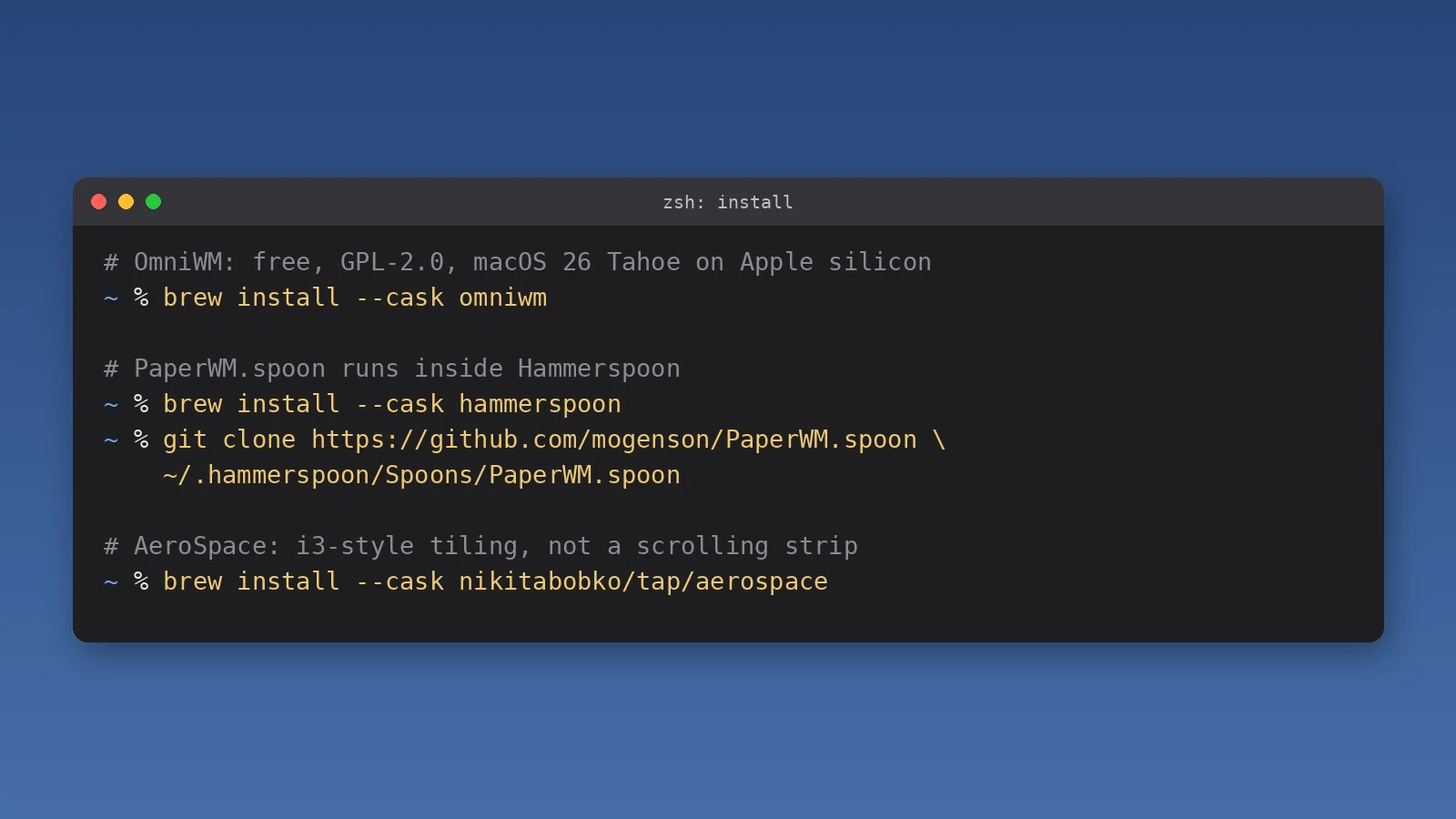 Terminal illustration installing OmniWM, Hammerspoon, PaperWM.spoon, and AeroSpace with Homebrew