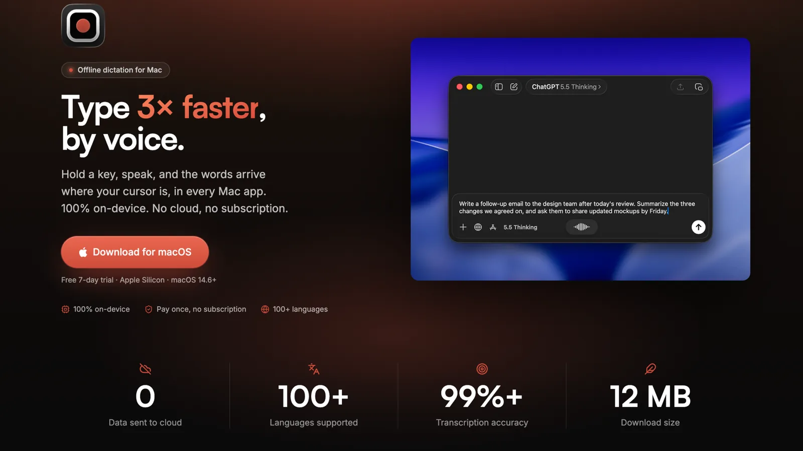 HoldSpeak offline dictation for Mac with on-device, pay-once, and 100+ languages highlights