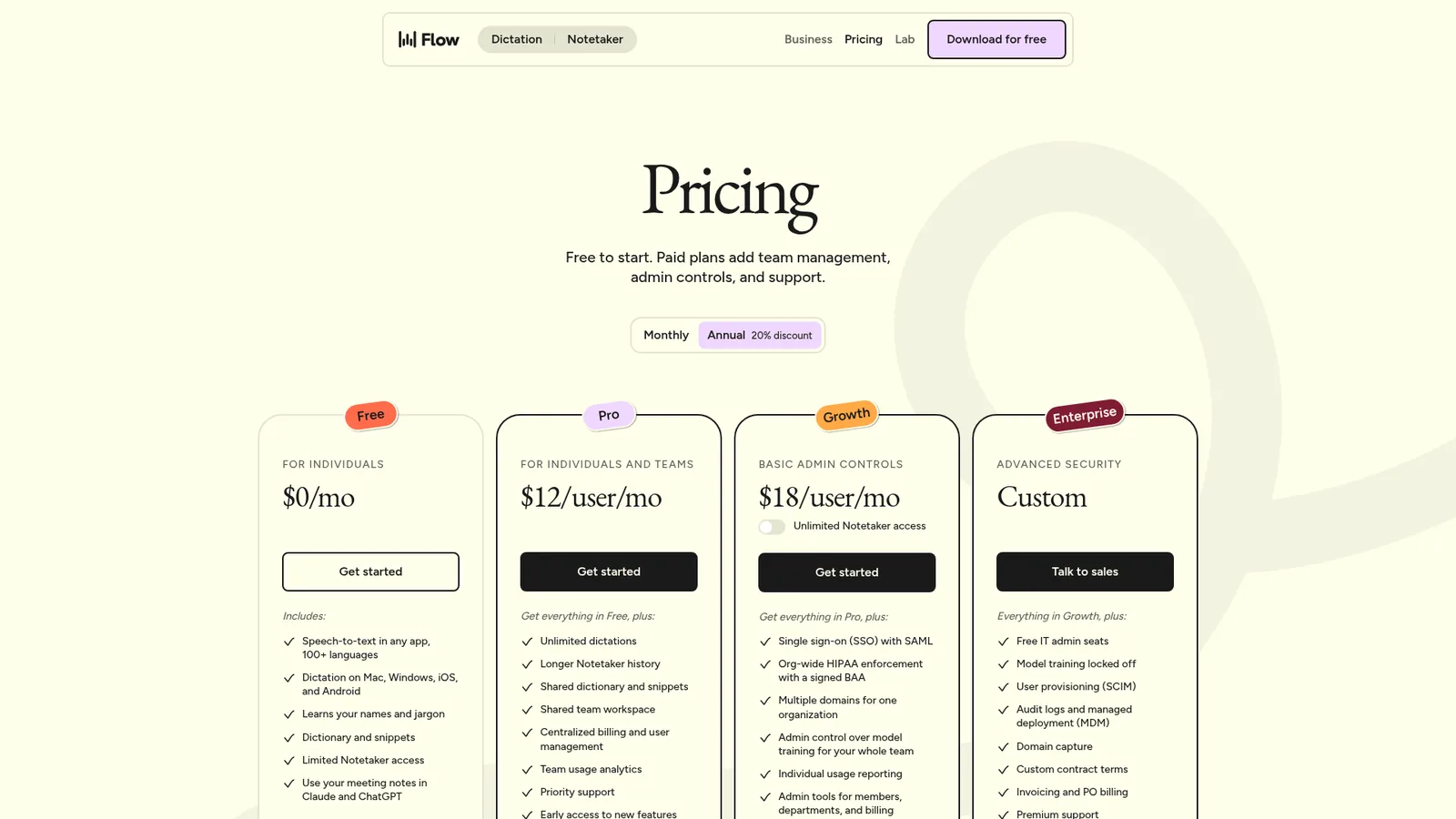 Wispr Flow pricing plans for Free, Pro, Growth, and Enterprise